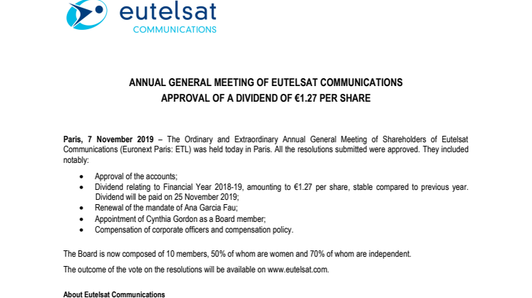 ANNUAL GENERAL MEETING OF EUTELSAT COMMUNICATIONS APPROBATION D’UN DIVIDENDE DE 1,27€ PAR ACTION