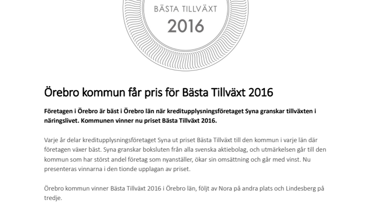 Örebro kommun får pris för Bästa Tillväxt 2016
