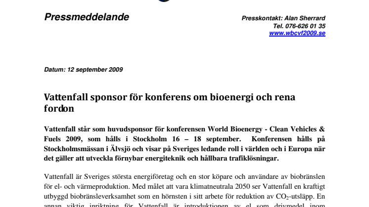 Vattenfall sponsor för konferens om bioenergi och rena fordon