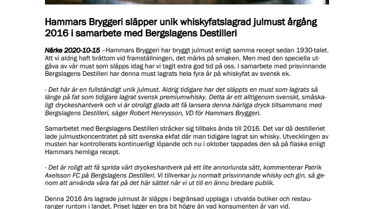 Hammars Bryggeri släpper unik whiskyfatslagrad julmust årgång 2016 i samarbete med Bergslagens Destilleri