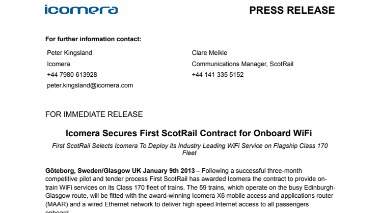 Icomera Secures First ScotRail Contract for Onboard WiFi