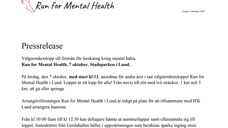 Välgörenhetsloppet Run for Mental Health, 7 oktober. Stadsparken i Lund