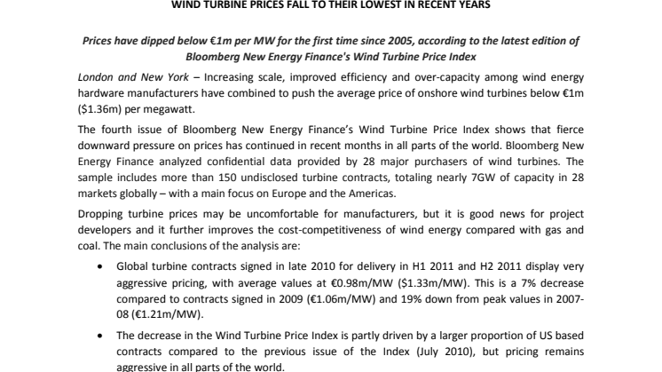 Bloomberg: Wind turbine prices fall to their lowest in recent years