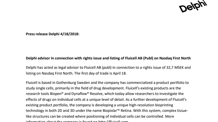 Delphi advisor in connection with rights issue and listing of Fluicell AB (Publ) on Nasdaq First North