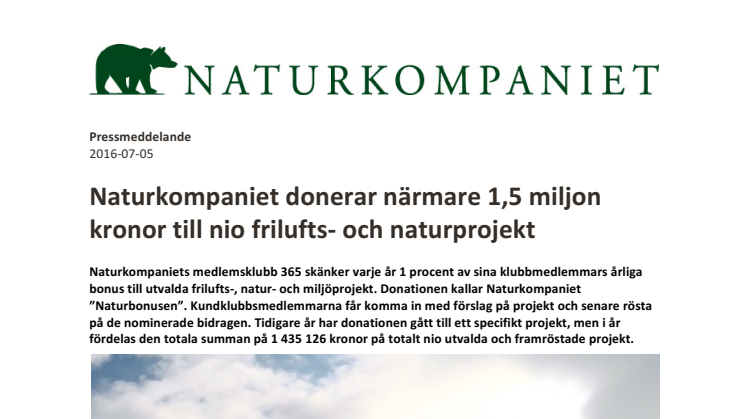 Naturkompaniet donerar närmare 1,5 miljon kronor till nio frilufts- och naturprojekt
