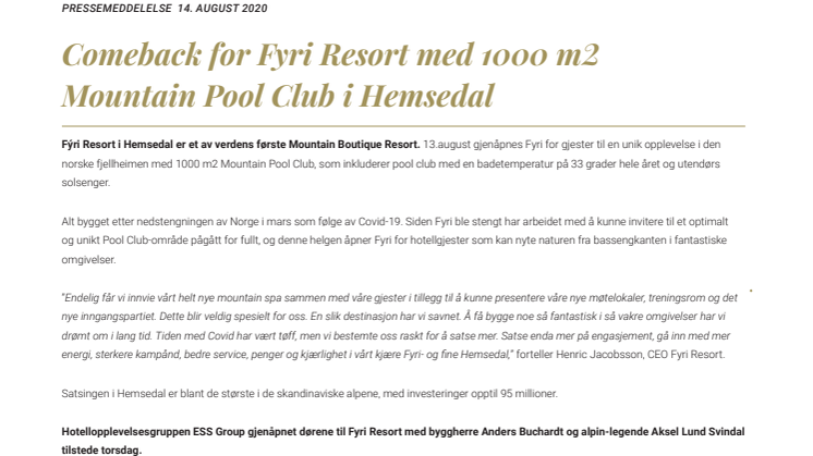 Comeback for Fyri Resort med 1 000 m2 Mountain Pool Club