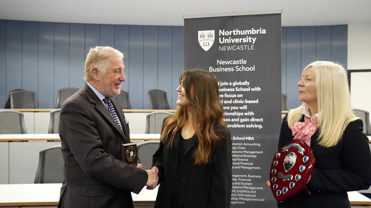 Northumbria graduate Jane Reynolds, centre, with namesake Jane Reynolds CBE and Barry Speker OBE DL from NIBE