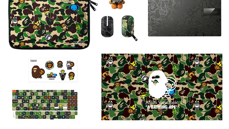 Vivobook S 15 OLED BAPE Edition_Green Camo Bundle with Black Laptop_ overlooking view of black laptops and green camo bundle
