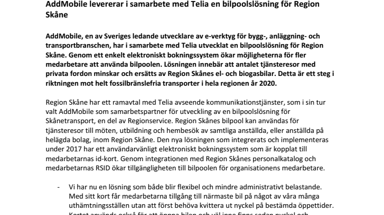 AddMobile levererar i samarbete med Telia en bilpoolslösning för Region Skåne
