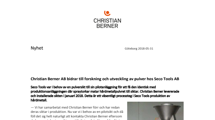 Christian Berner AB bidrar till forskning och utveckling av pulver hos Seco Tools AB