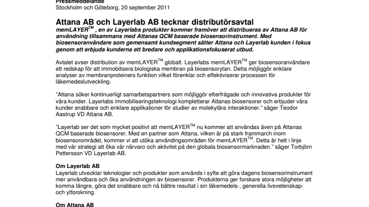 Attana AB och Layerlab AB tecknar distributörsavtal 