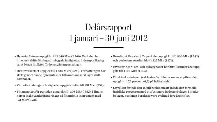 Delårsrapport 1 januari – 30 juni 2012