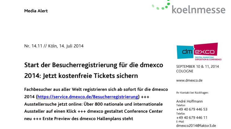 Start der Besucherregistrierung für die dmexco 2014: Jetzt kostenfreie Tickets sichern