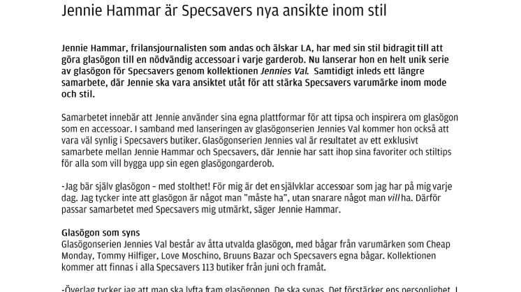 Jennie Hammar är Specsavers nya ansikte inom stil