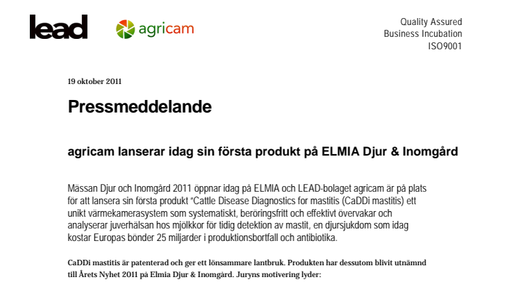 agricam lanserar idag sin första produkt på ELMIA Djur & Inomgård 