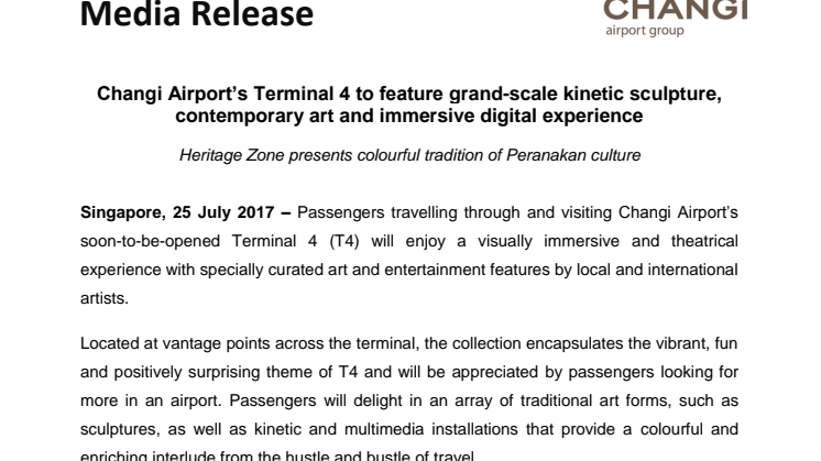 Changi Airport’s Terminal 4 to feature grand-scale kinetic sculpture, contemporary art and immersive digital experience