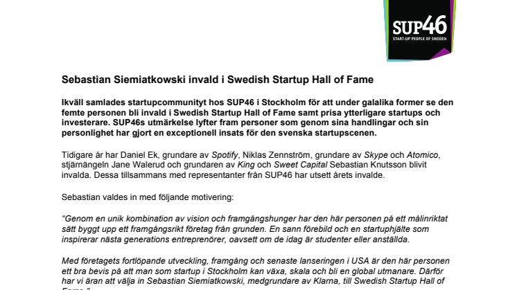 ​Sebastian Siemiatkowski invald i Swedish Startup Hall of Fame