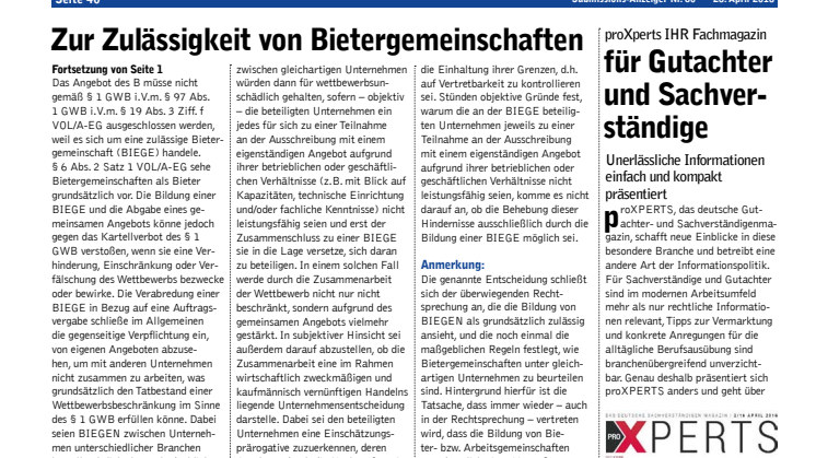 proXPERTS im Submissions Anzeiger vom 26.04.2016