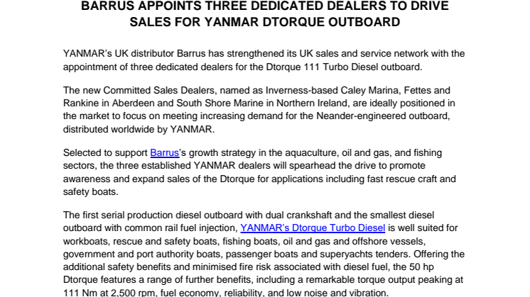 Barrus Appoints Three Dedicated Dealers to Drive Sales for YANMAR Dtorque Outboard