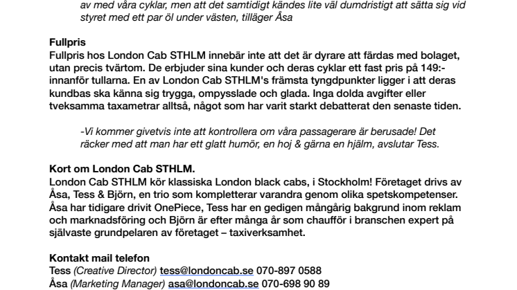 London Cab STHLM introducerar fullpris!
