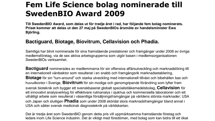 Fem Life Science bolag nominerade till SwedenBIO Award 2009