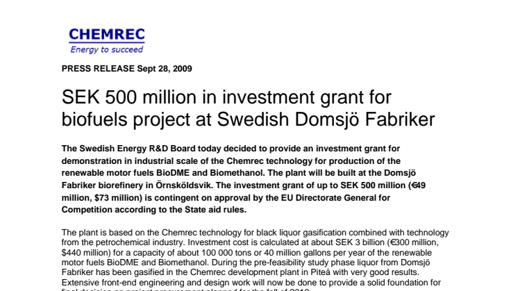 SEK 500 million in investment grant for biofuels project at Swedish Domsjö Fabriker