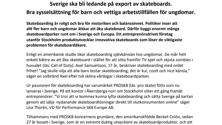 Sverige ska bli ledande på export av skateboards.  Bra sysselsättning för barn och vettiga arbetstillfällen för ungdomar.