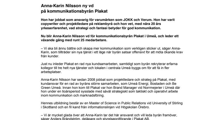 Anna-Karin Nilsson ny vd på kommunikationsbyrån Plakat