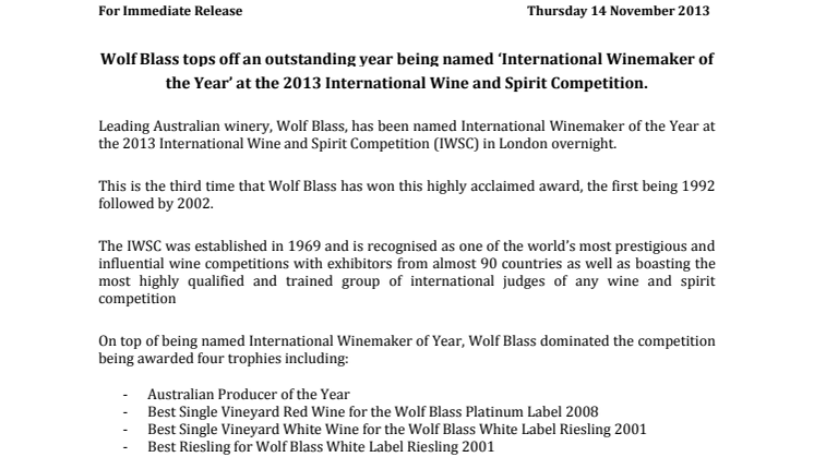 Wolf Blass utsedd till International Winemaker of the Year 2013 