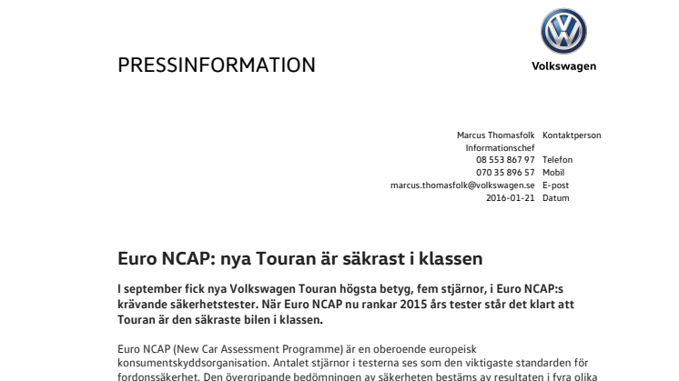 Euro NCAP: nya Touran är säkrast i klassen