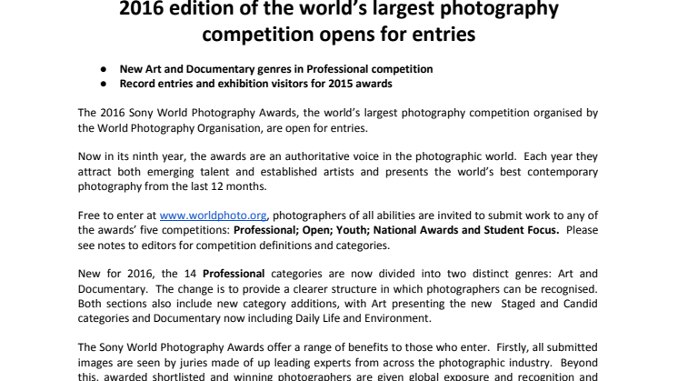 Der er nu åbent for tilmelding til Sony World Photography Awards 2016
