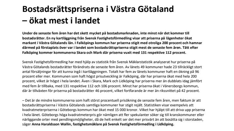 Bostadsrättspriserna i Västra Götaland  – ökat mest i landet