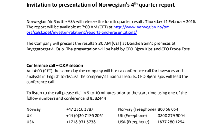 Invitation to presentation of Norwegian’s 4th quarter report
