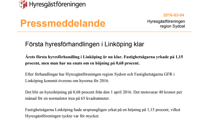 Första hyresförhandlingen i Linköping klar