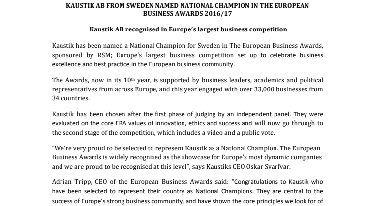 Kaustik AB representerar Sverige i European Business Awards