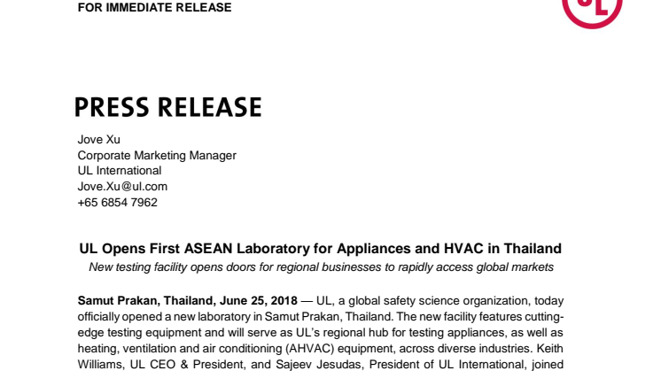 UL Opens First ASEAN Laboratory for Appliances and HVAC in Thailand