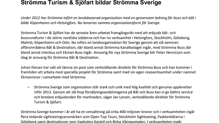 Strömma Turism & Sjöfart bildar Strömma Sverige