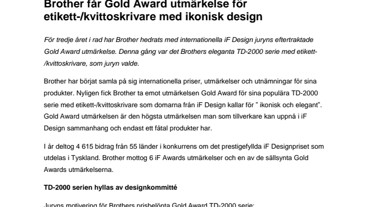 Brother får Gold Award utmärkelse för etikett-/kvittoskrivare med ikonisk design