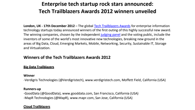 Enterprise tech startup rock stars announced: Tech Trailblazers Awards 2012 winners unveiled 