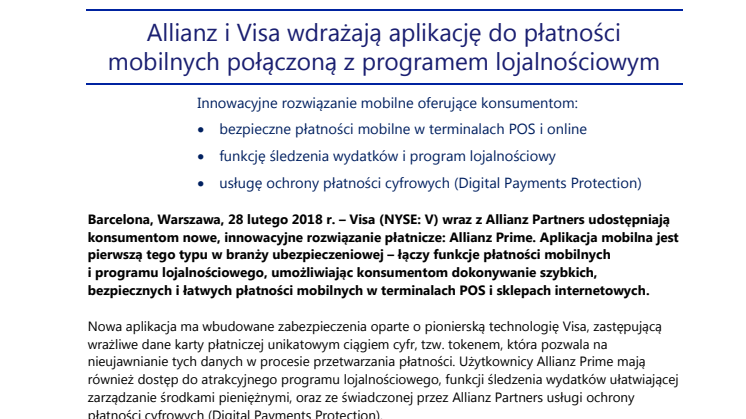 Allianz i Visa wdrażają aplikację do płatności mobilnych połączoną z programem lojalnościowym