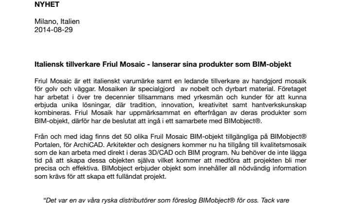 Italiensk tillverkare Friul Mosaic - lanserar sina produkter som BIM-objekt