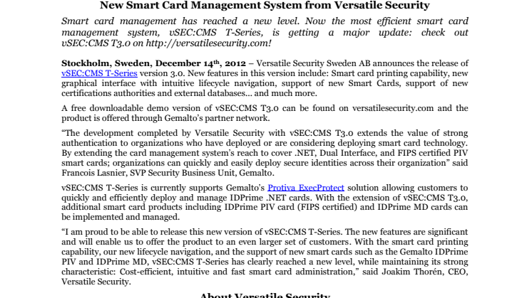 New Smart Card Management System from Versatile Security