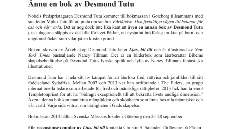 Pärlan Förlag släpper bilderbok av Desmond Tutu - lagom till bokmässan!