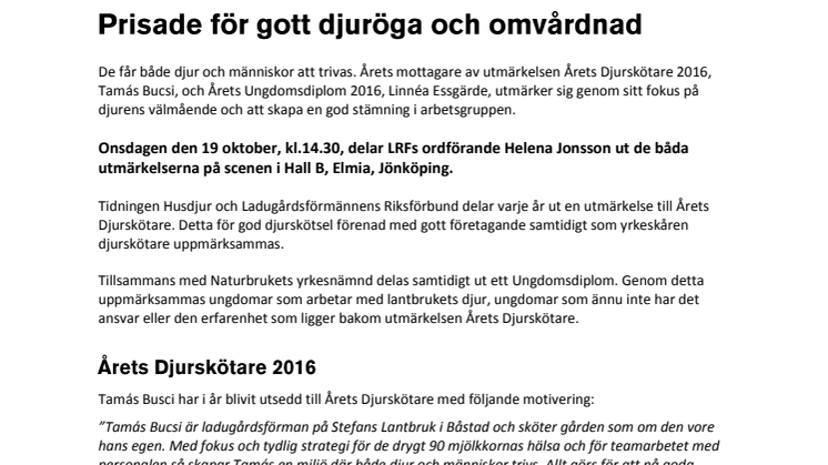 Årets Djurskötare 2016 & Årets Ungdomsdiplom 2016: Prisade för gott djuröga och omvårdnad