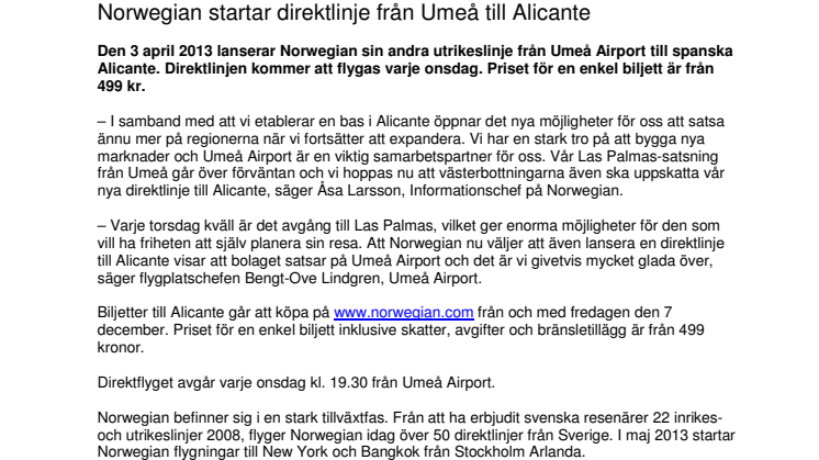 Norwegian startar direktlinje från Umeå till Alicante