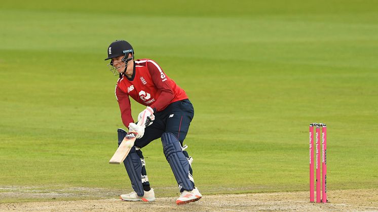 Tom Banton of England scoops the ball for six during the 1st Vitality International Twenty20 match between England and Pakistan at Emirates Old Trafford on August 28, 2020 in Manchester, England. (Photo by Stu Forster/Getty Images for ECB)