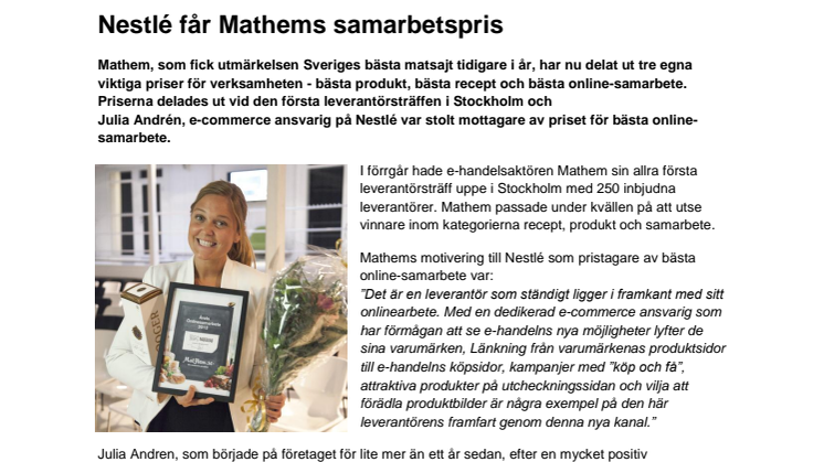 Nestlé får Mathems samarbetspris