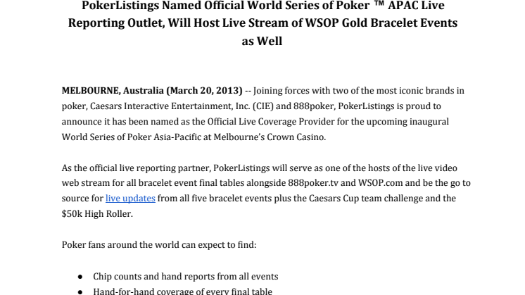 PokerListings Named Official World Series of Poker APAC Live Reporting Outlet