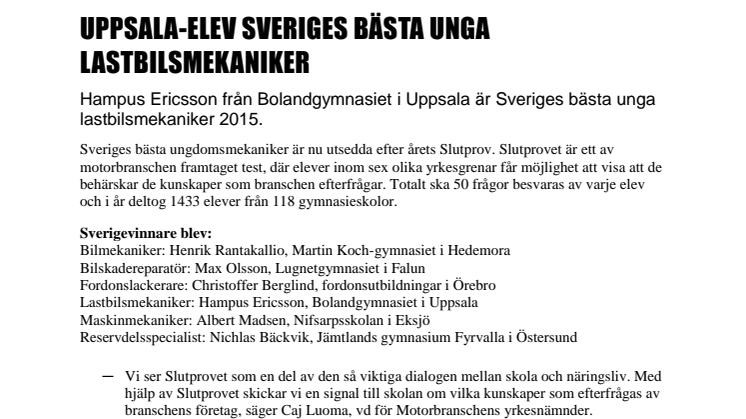 Uppsala-elev Sveriges bästa unga lastbilsmekaniker