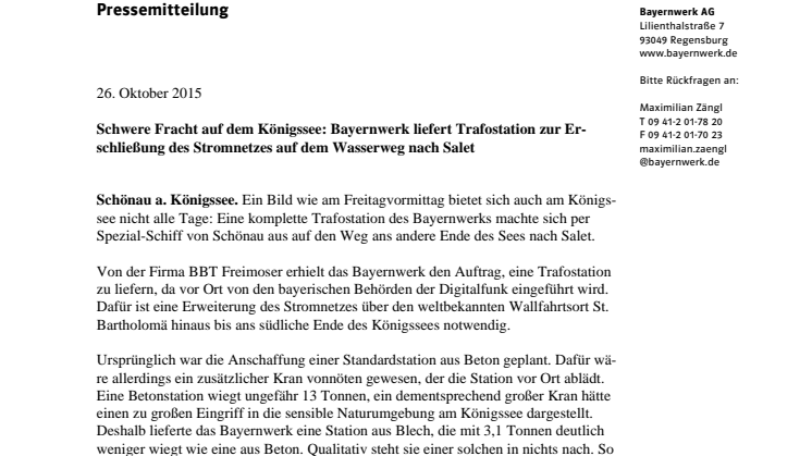 Schwere Fracht auf dem Königssee: Bayernwerk liefert Trafostation auf dem Wasserweg